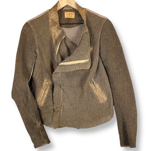 Blur Leather Italian Brown Woven Mixed Media Motorcycle Biker Jacket 8 Moto 40